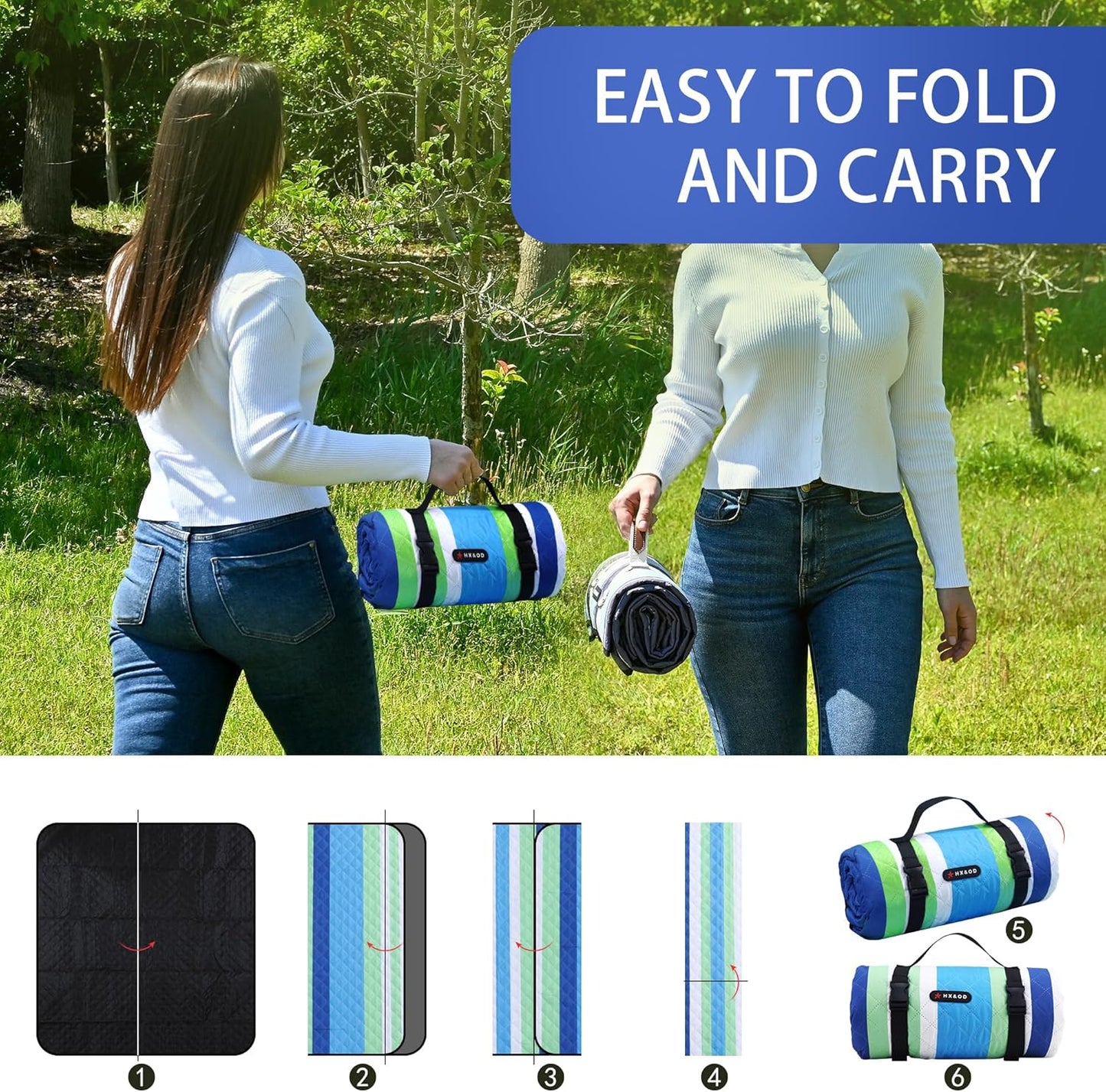 HX&OD Outdoor Picnic Blanket Extra Large, 80''*80'' Waterproof Picnic Mat with Stakes Foldable Camping Blanket Portable with Carry Strap for Beach Mat (Blue, 80''*80'')