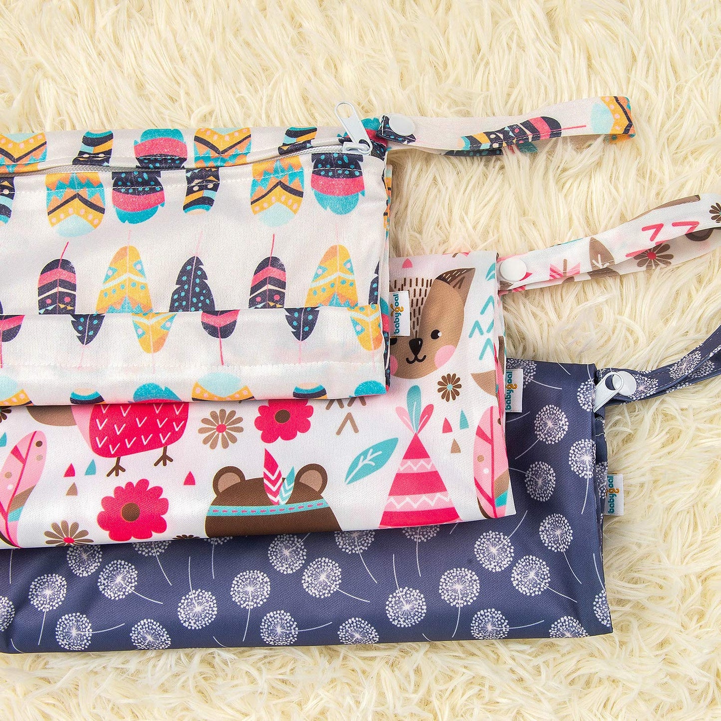 babygoal Wet Dry Bags for Baby Cloth Diapers, Washable Travel Bags, Beach, Pool, Gym Bag for Swimsuits & Wet Clothes with Two Zippered Pockets 3 Pack, 3LN11