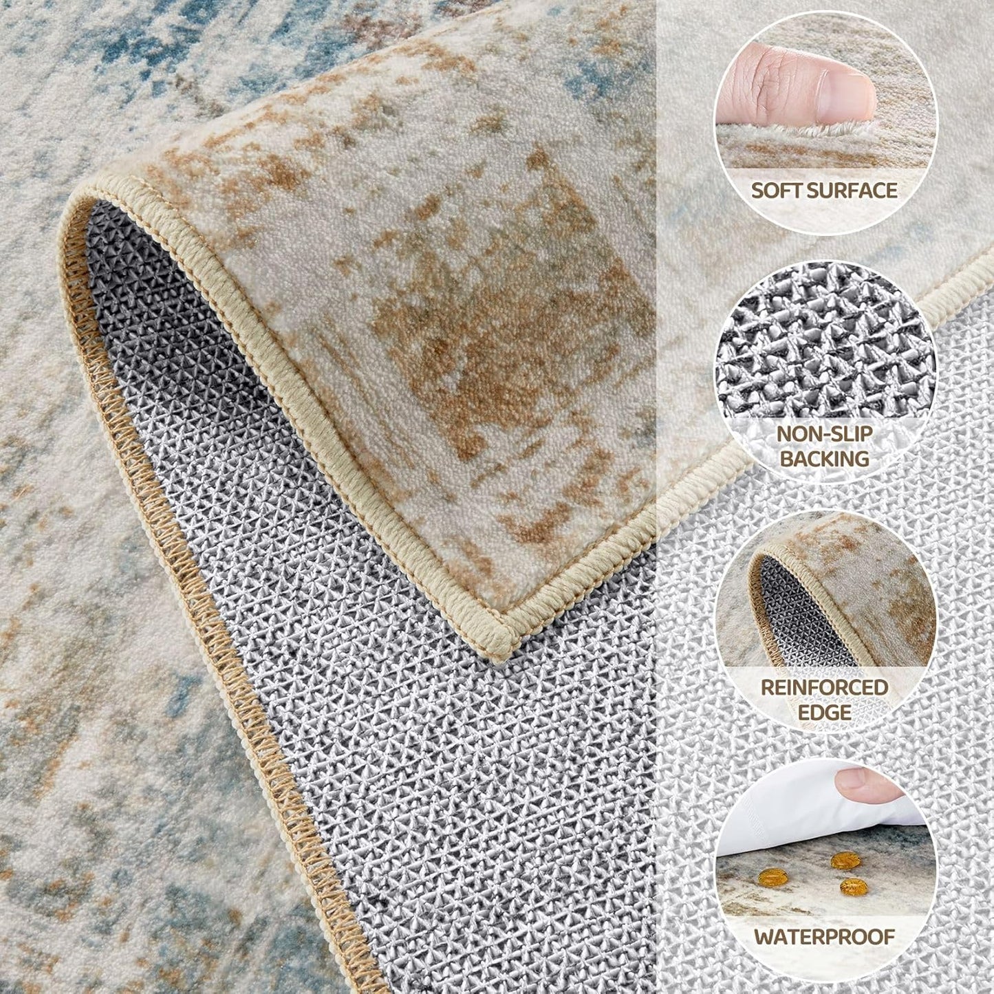 Area Rug for Living Room: 6x9 Washable Neutral Abstract Modern Soft Rugs Non Slip Indoor Floor Stain Resistant Large Carpet for Bedroom Dining Room Office Nursery - Blue Brown