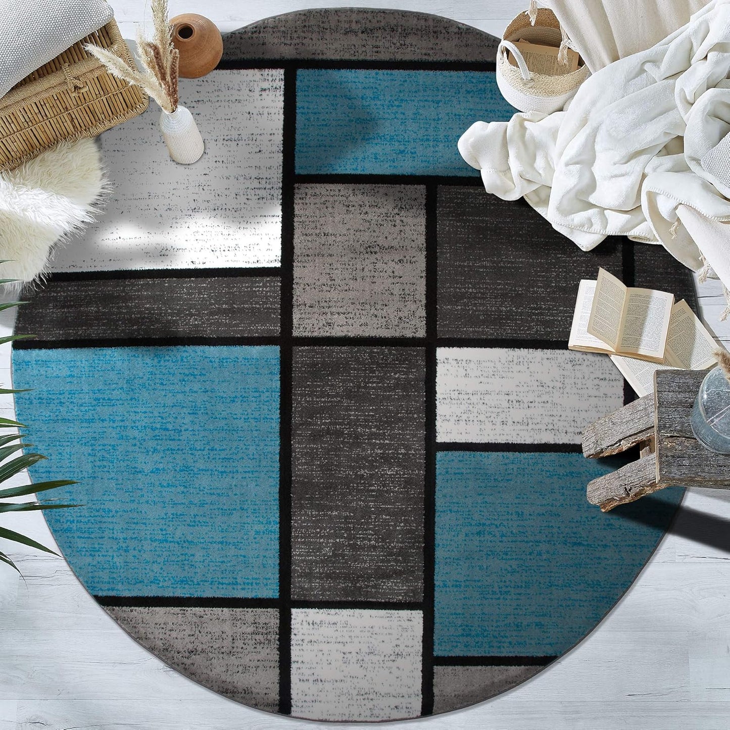 Rugshop Contemporary Modern Boxes for Home Office,Living Room,Bedroom,Kitchen Non Shedding Round Area Rug 8' Blue