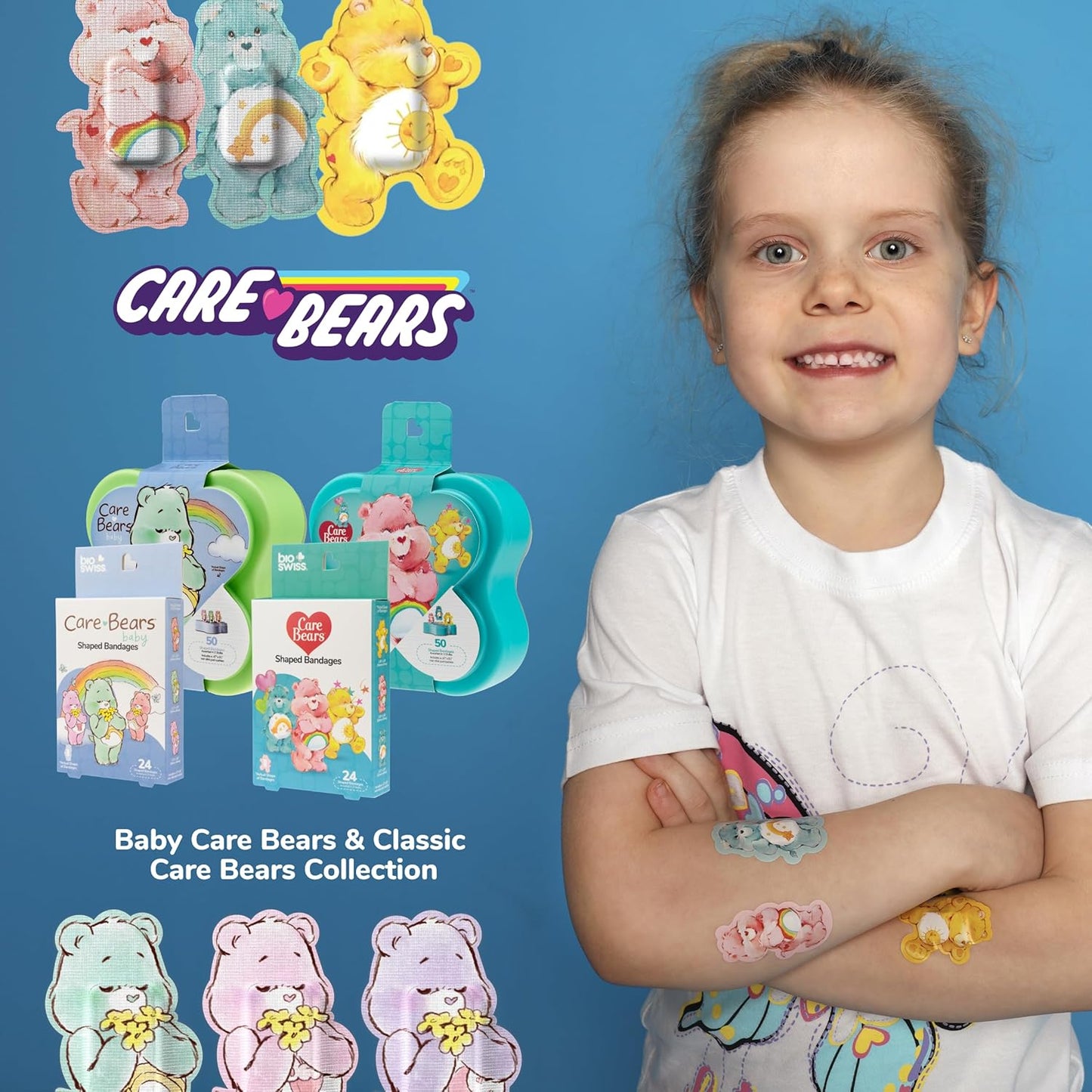 BioSwiss Care Bears Bandages, Classic Care Bear Shaped Self Adhesive Bandage, Latex Free Sterile Wound Care, Fun First Aid Kit Supplies for Kids, 50 Count