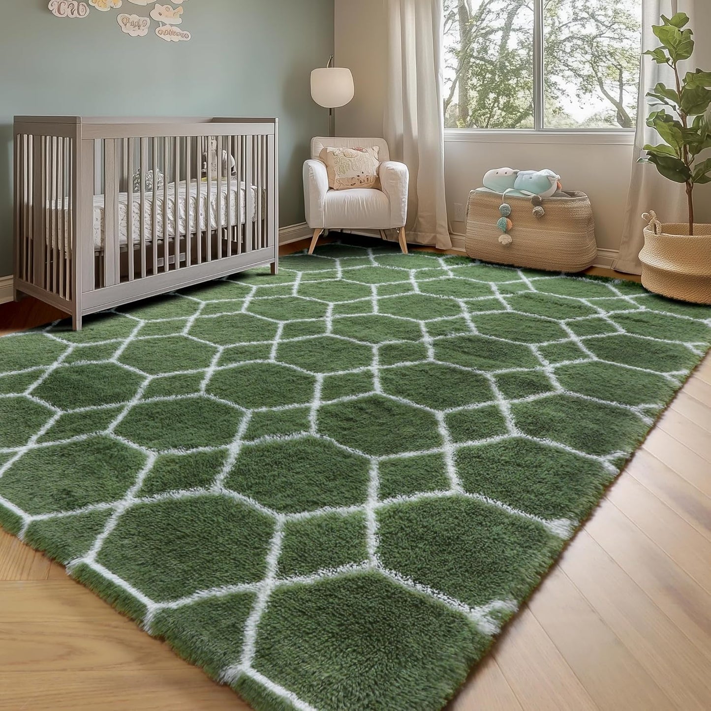 ONASAR Area Rugs for Bedroom Living Room, Washable 4x6 Fluffy Olive Green and White Throw Rug, Shaggy Geometric Floor Mat for Home Decor Aesthetic, Soft Plush Fuzzy Carpet for Nursery Kids Teen Dorm