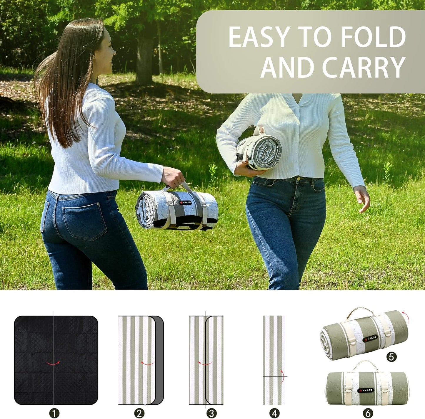 HX&OD Outdoor Picnic Blanket Extra Large, 80''*60'' Waterproof Picnic Mat with Stakes Foldable Camping Blanket Portable with Carry Strap for Beach Mat (Green& White, 80''*60'')