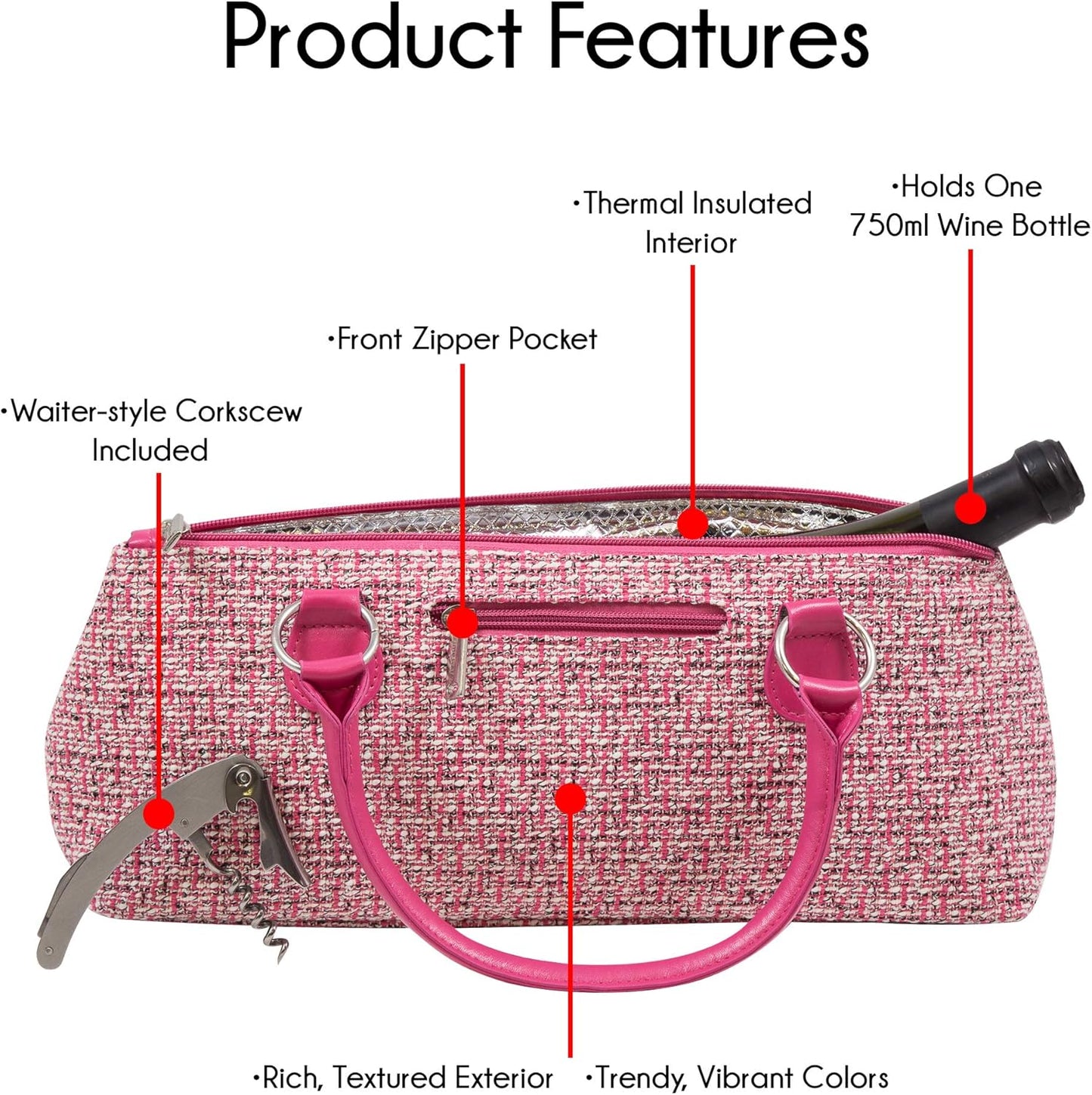 Wine Clutch Bag (Thermal Insulated) Trendy Women’s Carry Tote | Holds Red & White 750mL Bottles | Trendy Fashion | Incl. Portable Waiter-Style Corkscrew (Pink Tweed)