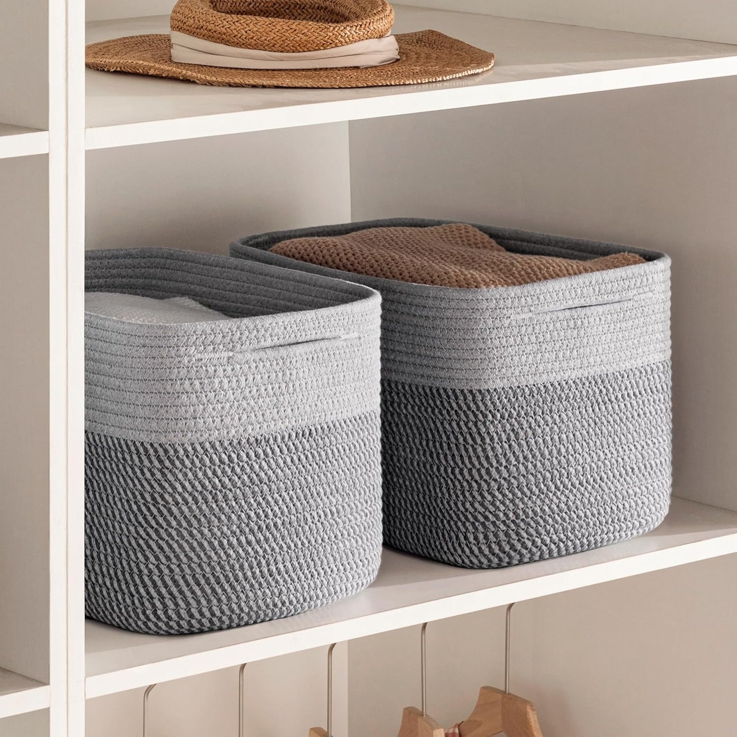 UBBCARE 4 Pack Baskets for Organizing, Woven Storage Baskets for Toys and Towel, Rectangle Cotton Rope Basket with Handles, 15''L x10''W x9''H, Mixed Grey