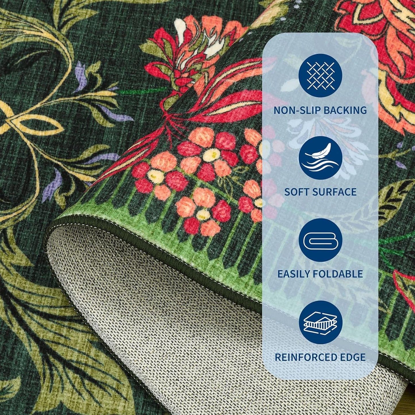 GarveeHome Forest Green Floral Botanical Washable 8x10 Rug for Living Room Soft Vintage Boho Cottage Large Rugs Low-Pile Carpet for Bedroom Dining Nursery Rug