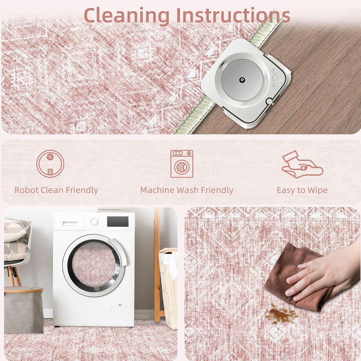 Large Living Room Area Rug 9x12 - Machine Washable Vintage Boho Moroccan Rugs Geometric Neutral Rug Non-Shedding Low Pile Distressed Farmhouse Carpet for Bedroom Nursery Classroom Dorm(9'x12',Pink)