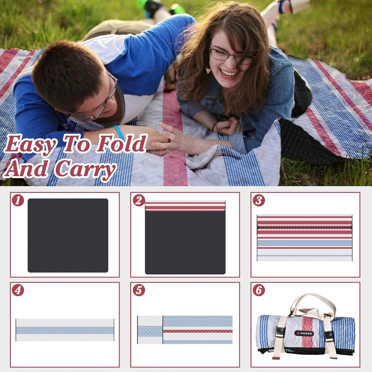 Waterproof Picnic Mat, Outdoor Camping Oversized Field Blanket. Portable Thickened Camping Blanket, Suitable for Beach, Camping, Music Festival, Party, Outdoor Adventure. (Red&Blue&White, 80”x80”)