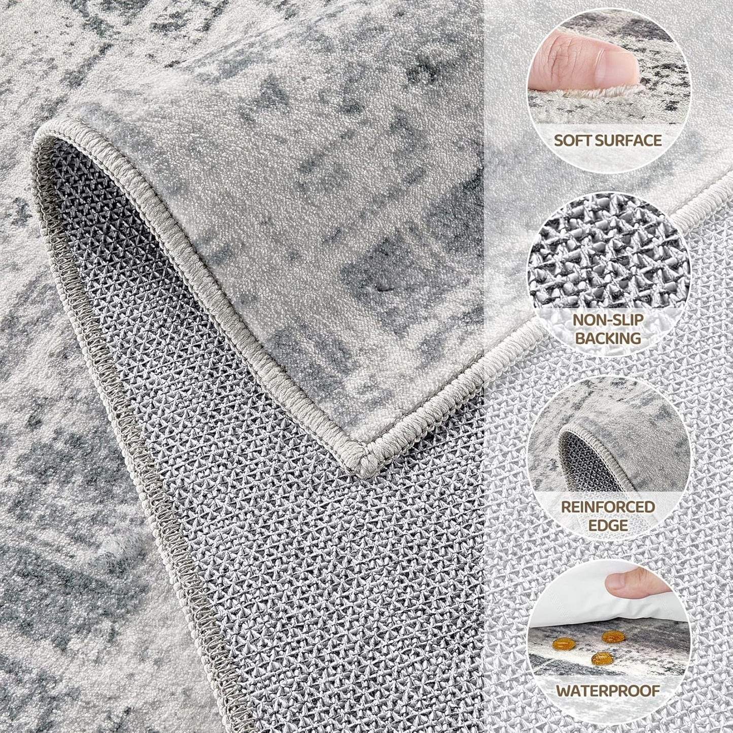 Area Rug for Living Room: 5x7 Washable Neutral Abstract Modern Soft Rugs Non Slip Indoor Floor Stain Resistant Carpet for Bedroom Dining Room Office Nursery - Gray