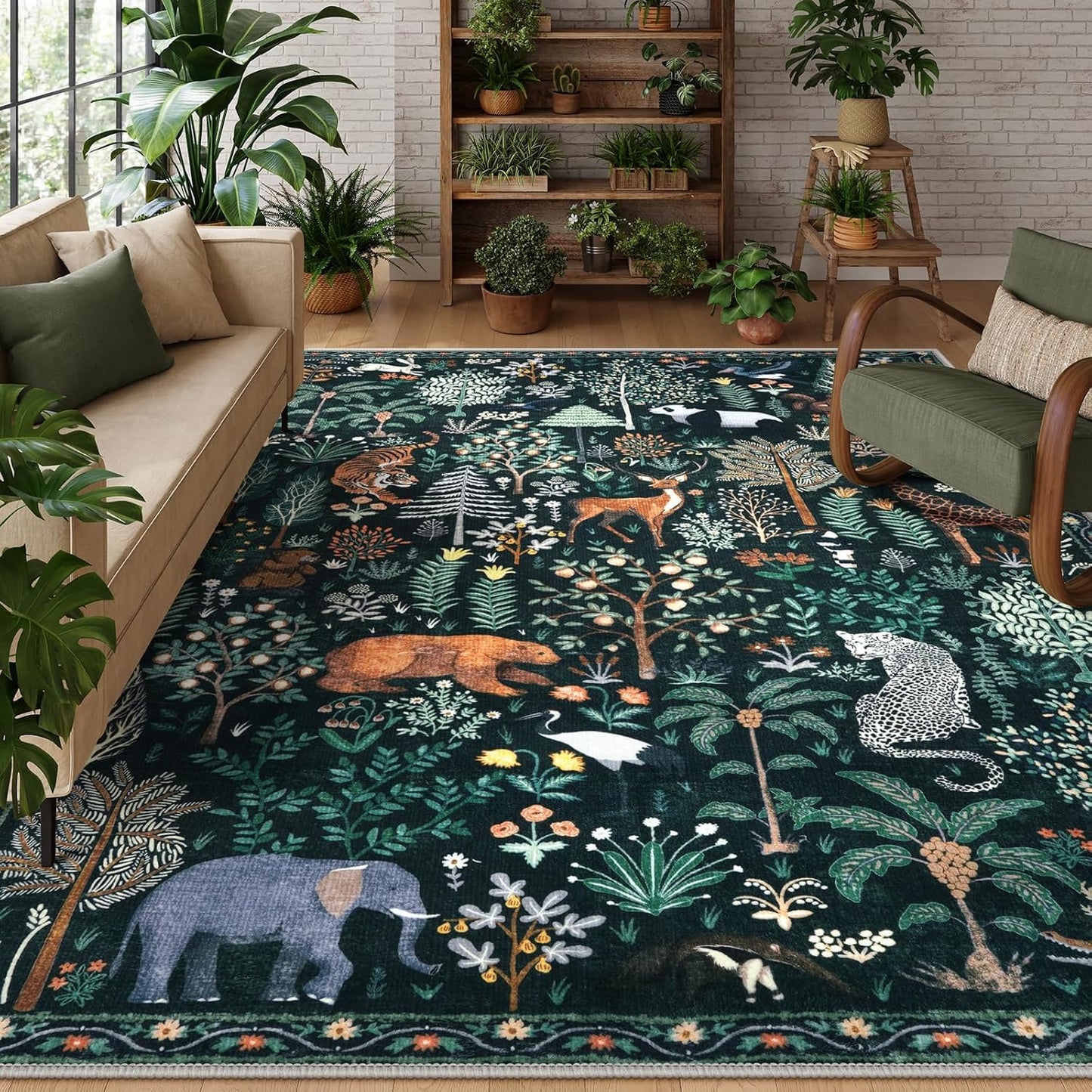 OJIA Jungle Print 9x12 Area Rugs for Living Room, Green Soft Bedroom Rug Washable Rugs 9x12, Modern Dining Room Rug Stain Resistant Ultra-Thin Floor Carpet for Playroom Kids Room Nursery