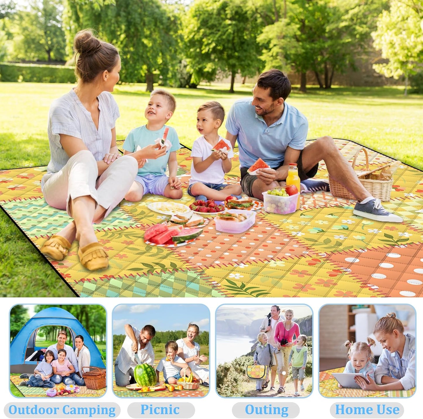 Extra Large Picnic Blanket Waterproof,80"x 80"Foldable Machine Washable Beach Blanket,Outdoor Blanket for 6-8 Adults,Suitable for Indoor Crawling,Park Beach,Camping,Hiking,Family Travel(Colorful)