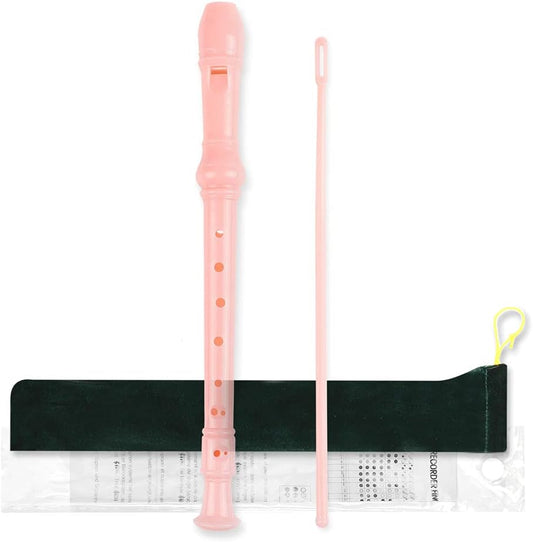 Mr.Power German Style C Key Soprano Recorder 8-Hole 3 Piece Music Musical Instruments for Beginners, Adults with Fingering Chart Cleaning Kit (Pink)