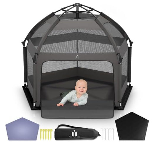 Pop-Up Playpen for Babies & Toddlers Foldable with Canopy (UPF 50), Self-Inflating Playmat, Wind Shade & Carry Bag Durable Baby Beach Tent, Outdoor