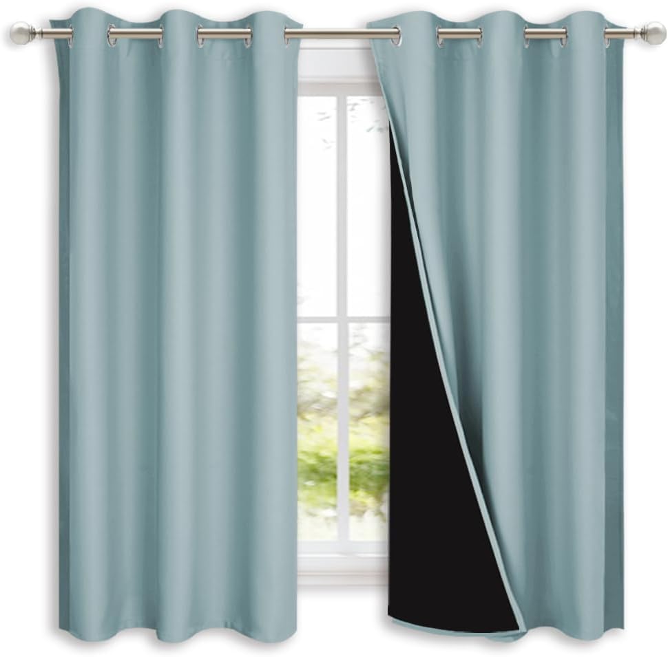 NICETOWN 100% Blackout Lined Curtains, Sky Blue, 1 Pair, 42" Width x 63" Length Each Panel, 2 Thick Layers Completely Blackout Window Treatment Panels Thermal Insulated Drapes for Kitchen