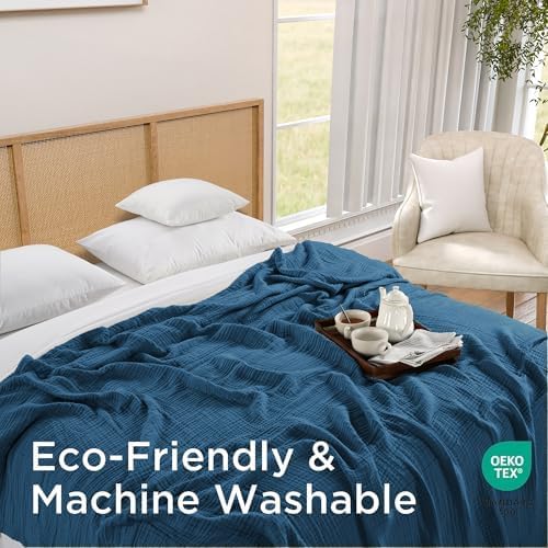 Threadmill Muslin King Blanket | 4 Layer 100% Cotton Gauze Summer Blanket | Soft, Breathable, and Cozy for All Seasons | Lighweight King Size Blanket for Bed | Folkstone Blue