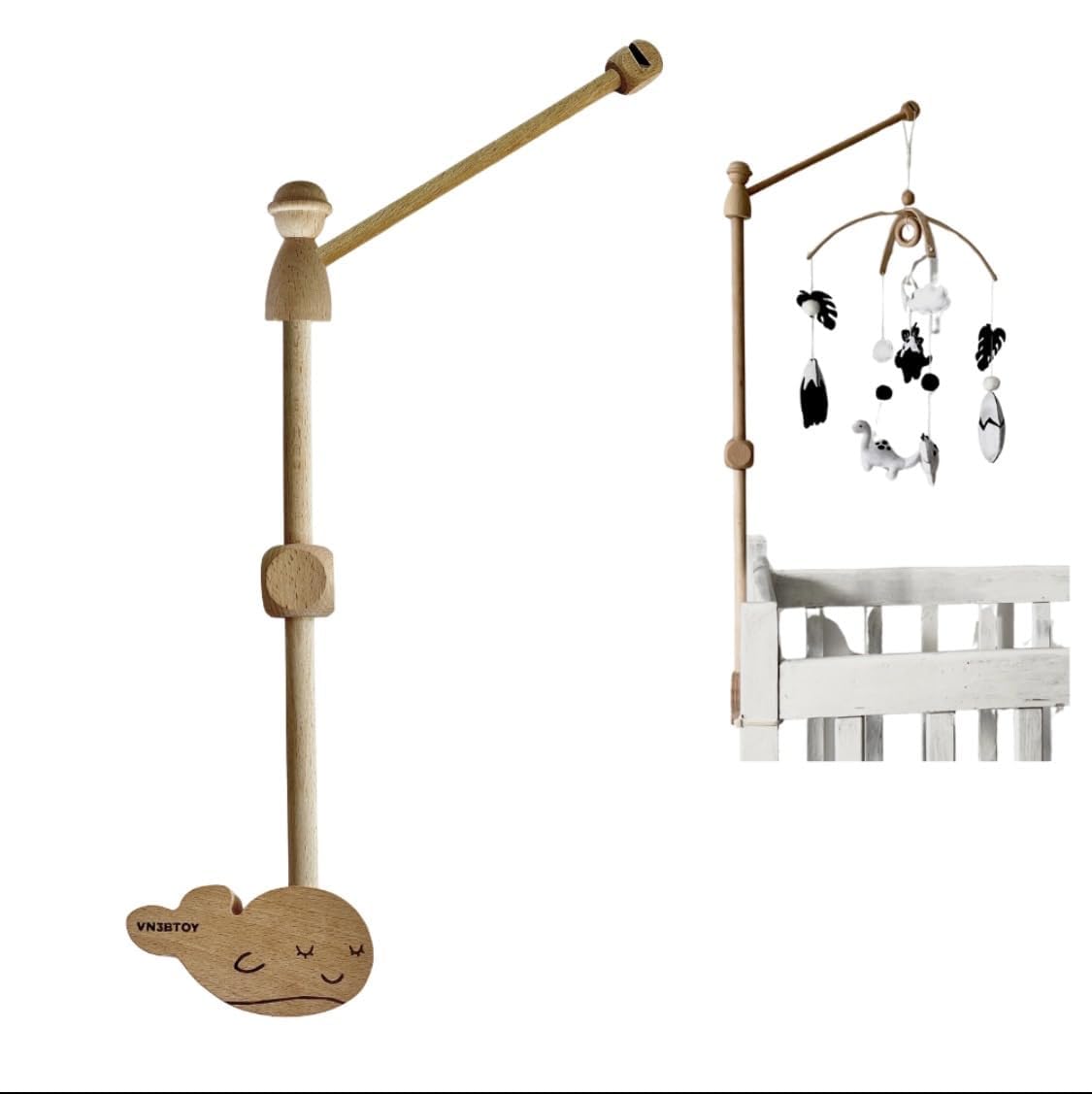 Wooden Baby Crib Mobile Arm, 31 Inch, Solid Beech Wood, 360° Rotatable, Whale Design, Adjustable, Anti-Slip, Mobile Hanger for Crib, Nursery Decor for Boys & Girls, Gift Accessories