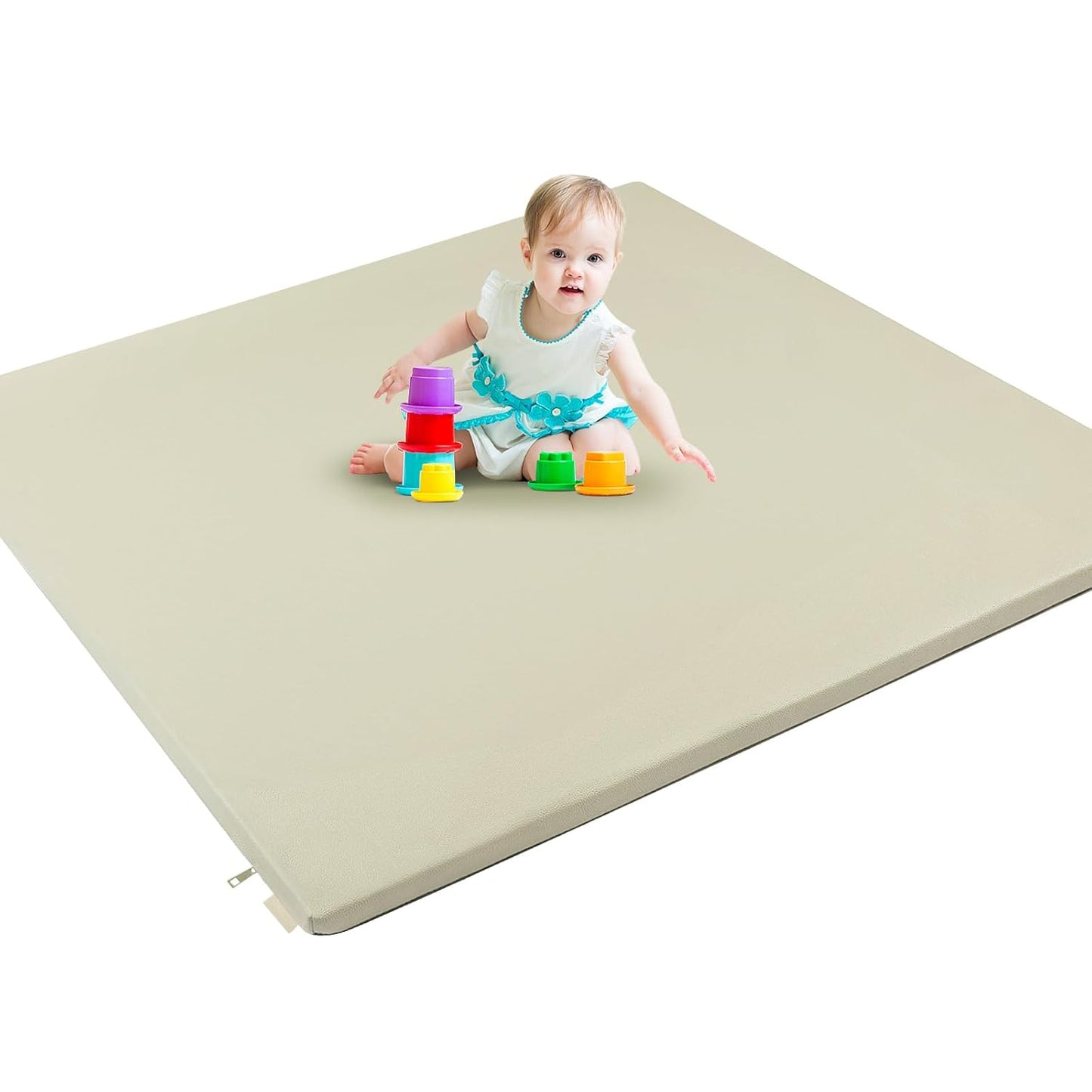 Padded Baby Play Mat, Super Soft Vegan Leather Baby Floor Play Mat, 48x48 Non-Slip Thick Foam Cushioned Play Mat for Babies 6-12 Months, Fits Nicely Into 50x50 Playpen Mat, Grayish Green