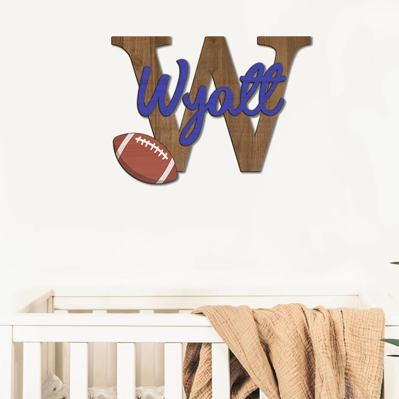 Personalized Football Name Sign, Wooden Monogram Name Sign, 2 Layers of Wood, Football Nursery Decor, Baby Name Sign Wood Sign, Football Gift, Nursery Name Sign for Baby Boy gift/21