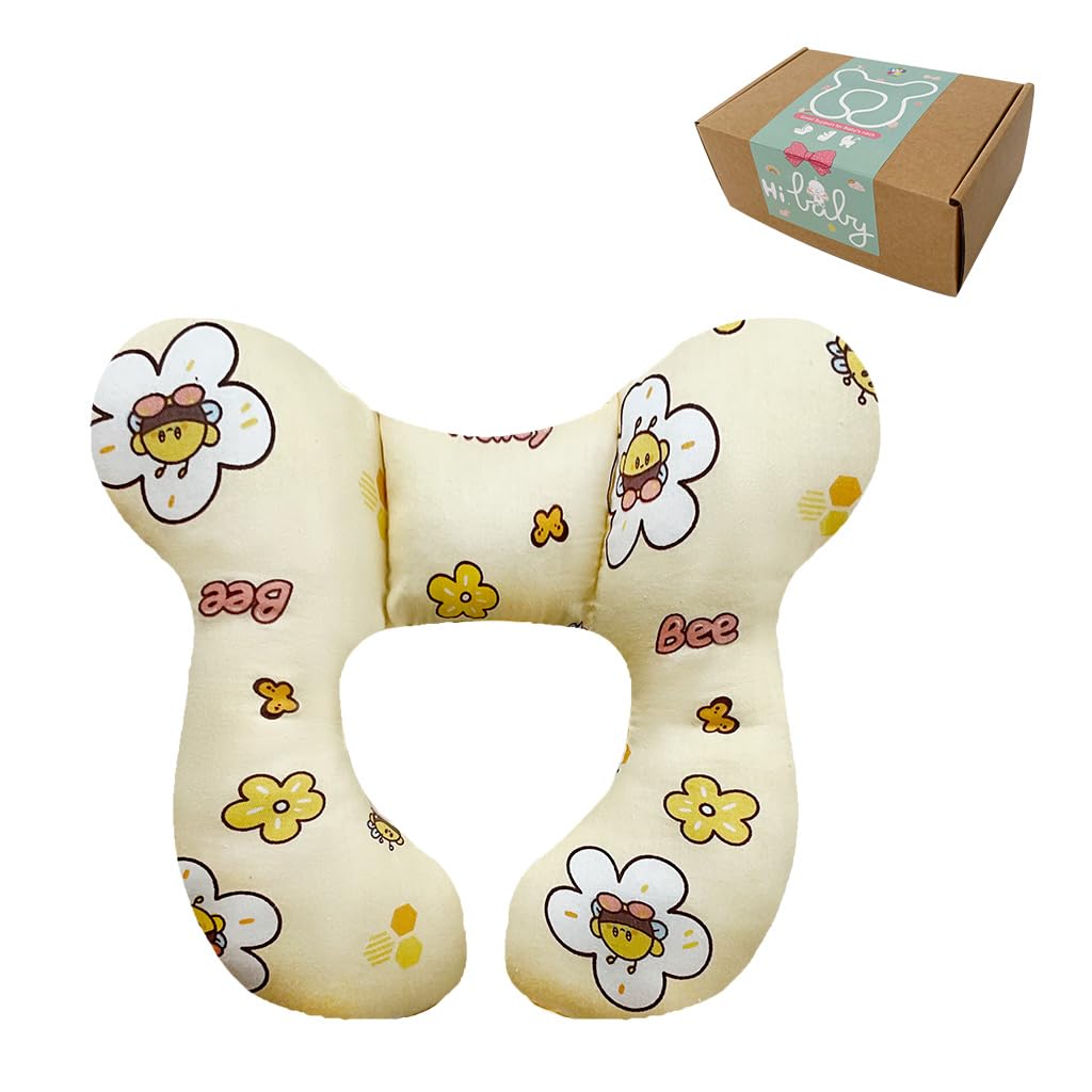 Baby Neck Pillows, Comfortable Baby Travel Head Neck Support Pillow for Car Seat Stroller Pushchair, Soft PP Cotton Travel Pillow for 0-1 Year Old Toddler Infant Newborn, Bee