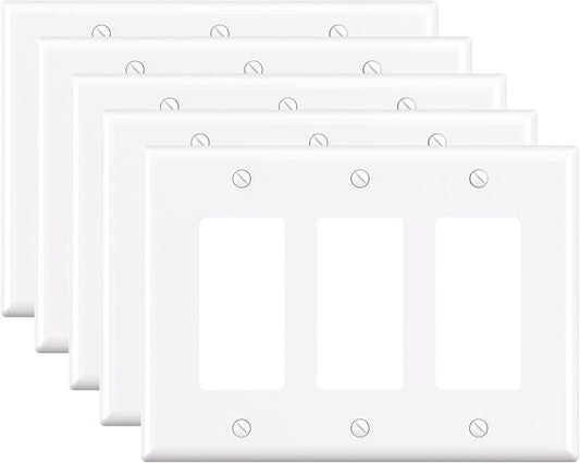 ELEGRP 3-Gang Decorative Wall Plates, Mid-Size 4.88" H x 6.75" L Unbreakable Thermoplastic Faceplate Cover for Decorator Receptacle Outlet Switch, UL Listed (5 Pack, Glossy White)