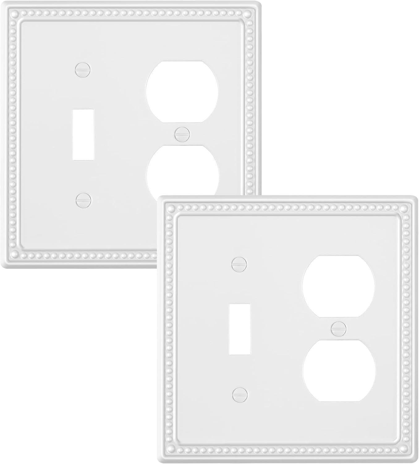 2-Pack Combo Toggle/Duplex Light Switch Cover Plate, Pure White Metal Wall Outlet Cover Plate, Decorative Classic Beaded Wall Socket Receptacle Cover for Electrical Outlets, Light Switch