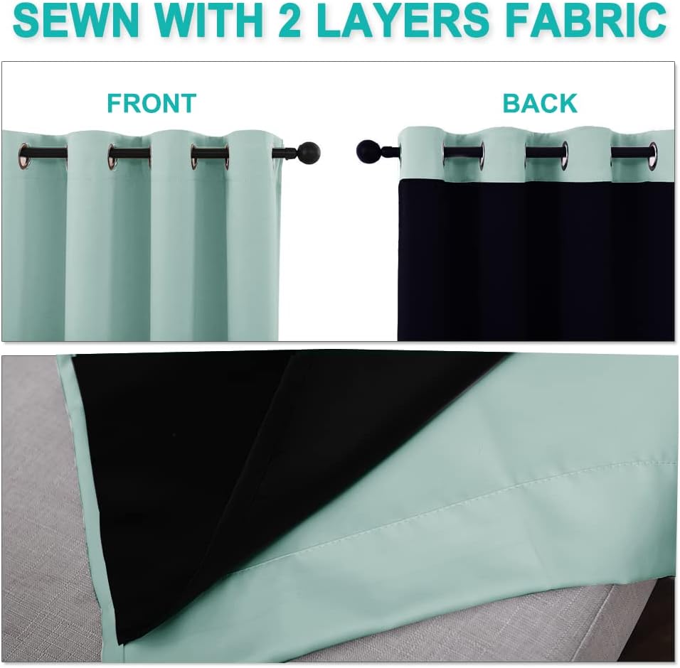 NICETOWN Aqua Blue 100% Blackout Lined Curtains, 2 Thick Layers Completely Blackout Window Treatment Panels Thermal Insulated Drapes for Kitchen (1 Pair, 42" Width x 63" Length Each Panel)