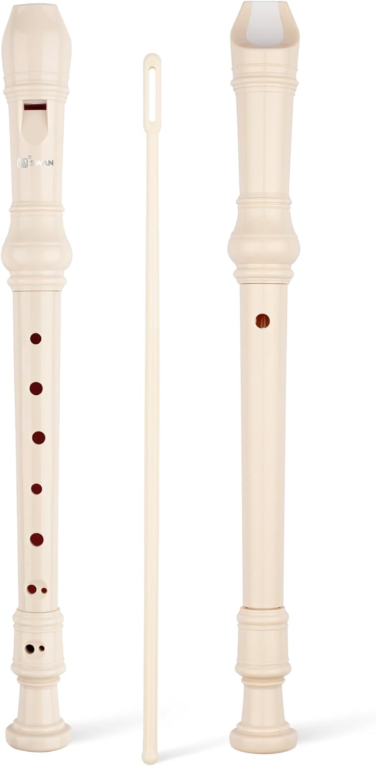 SWAN Soprano Recorder Instrument for Beginners Student - Baroque Style 8 Hole Flute Detachable 3pcs Descant Recorder with Cleaning Rod and Fingering Chart for Kids over 6 Years Old, Beige