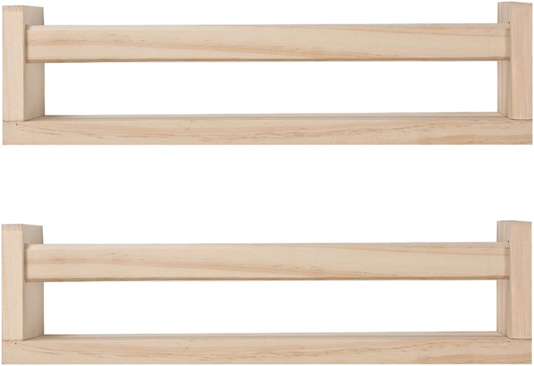 Nursery Floating Book Shelves for Kids Room, Kitchen Spice Rack, or Rustic Wall Mounted Shelves for Farmhouse Bathroom Decor (Natural Wood),Set of 2