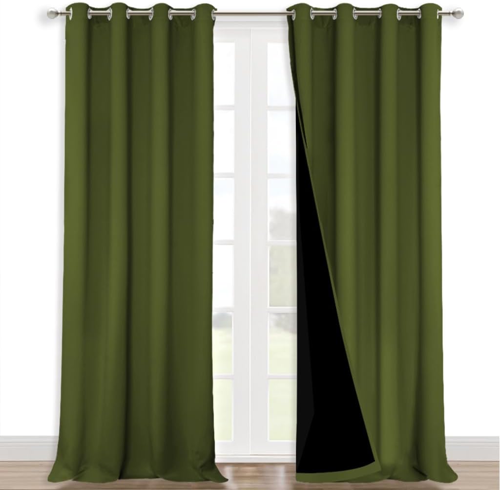 NICETOWN 100% Blackout Blinds, Set of 2, 46" x 96", Olive Green, Laundry Room Decor Window Treatment Curtains for Large Patio Sliding Door, Thermal Insulated Curtains for Bedroom