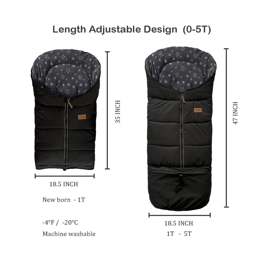 0-5T Length Ajustable Waterproof Stroller Winter Cover for All Stroller, XL Stroller Bunting Bag, Outdoor Tour Winter Stroller Sleeping Bag Infant to Toddler to Pre School
