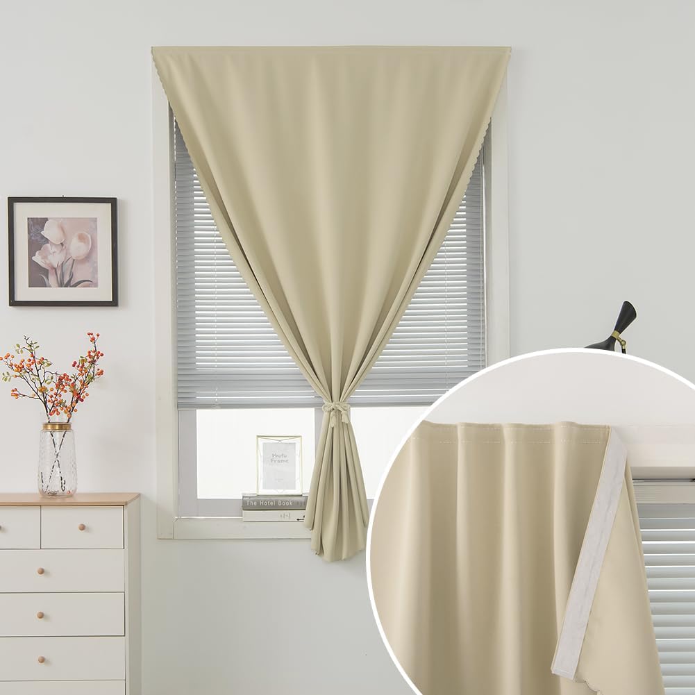 Self Adhesive Portable Blackout Curtains for Bedroom Easy to Install Window Thermal Lnsulated Kitchen Room Darkening Small Window Curtains, Cortinas Para Cuarto, 35"W X 71"L, Beige, 1 Panel