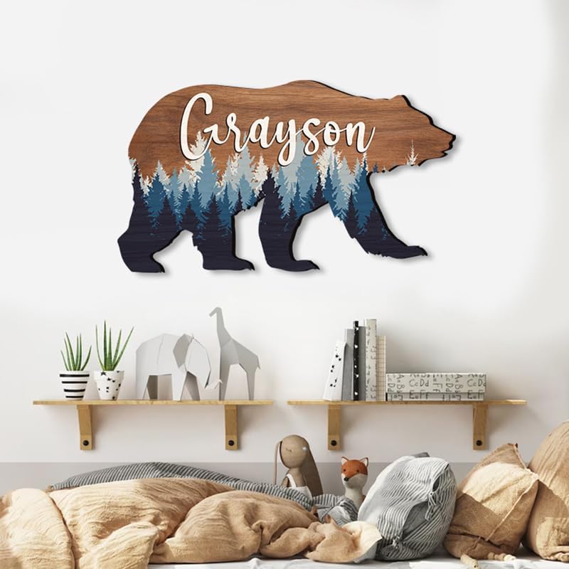 Personalized Baby Name Signs for Nursery, for Kids Room Bear Wooden Nursery Decor, Woodland Animal Decor, Baby boy Forest Themed Gift/6