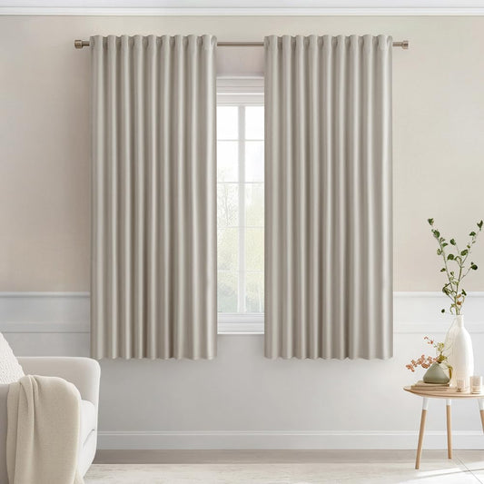 MIULEE Natural Back Tab Blackout Curtains 63 Inch Length 2 Panels Set for Living Room Bedroom Privacy, Rod Pocket/Pinch Pleat Thermal Insulated Room Darkening Pleated Light Blocking Drapes