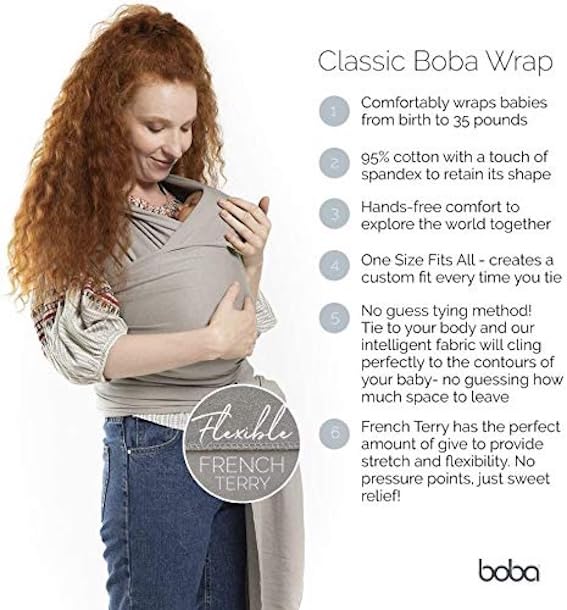 Boba Baby Wrap Carrier – Original Baby Sling Carrier for Newborns (7–35 lbs), Soft, Secure, Hands-Free & Ergonomic, Ideal for Comfortable Bonding, New Parents (Organic Dark Grey)