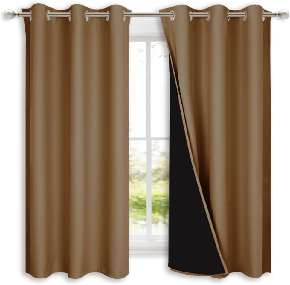 NICETOWN 100% Blackout Short Curtains with Black Liners, 2 Panels, 37" W by 60" L, Gold Brown, Solid Thermal Insulated Full Blackout 2-Layer Lined Drapes, Energy Efficiency Window Drapes for Bedroom