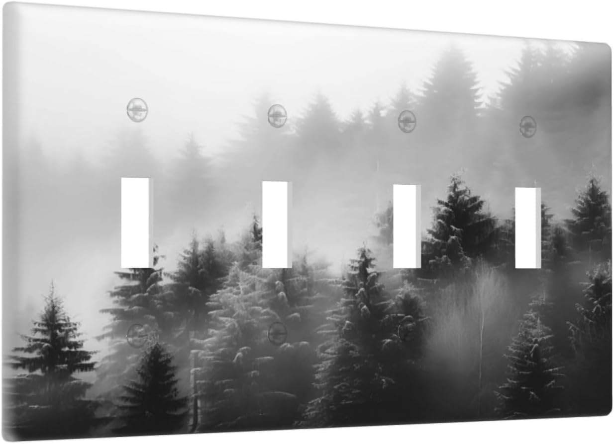 Foggy Forest Natural Scenery Retro Tree Pine Light Switch Covers Quad Toggle Electrical Faceplate 4 Gang Wall Plate Decorative Switch Plates for Bed Room Living Room Decor