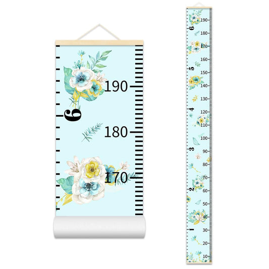 Flowers Plants Growth Chart for Kids Baby Height Chart Ruler Removable Canvas Wooden Frame Hanging Wall Rulers Measurement Charts for Floral Toddler Room Decor - 79"X7.9" with Beige Wood