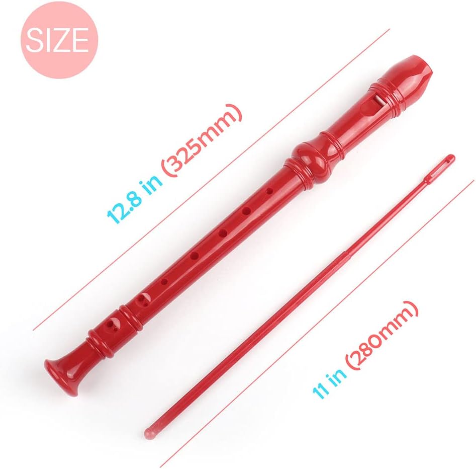 Mr.Power Soprano Recorder German Style C Key for Beginner Student Music Class 3 Piece ABS With Thumb Rest + Fingering Chart + Cleaning Stick + Carrying Bag (Red)