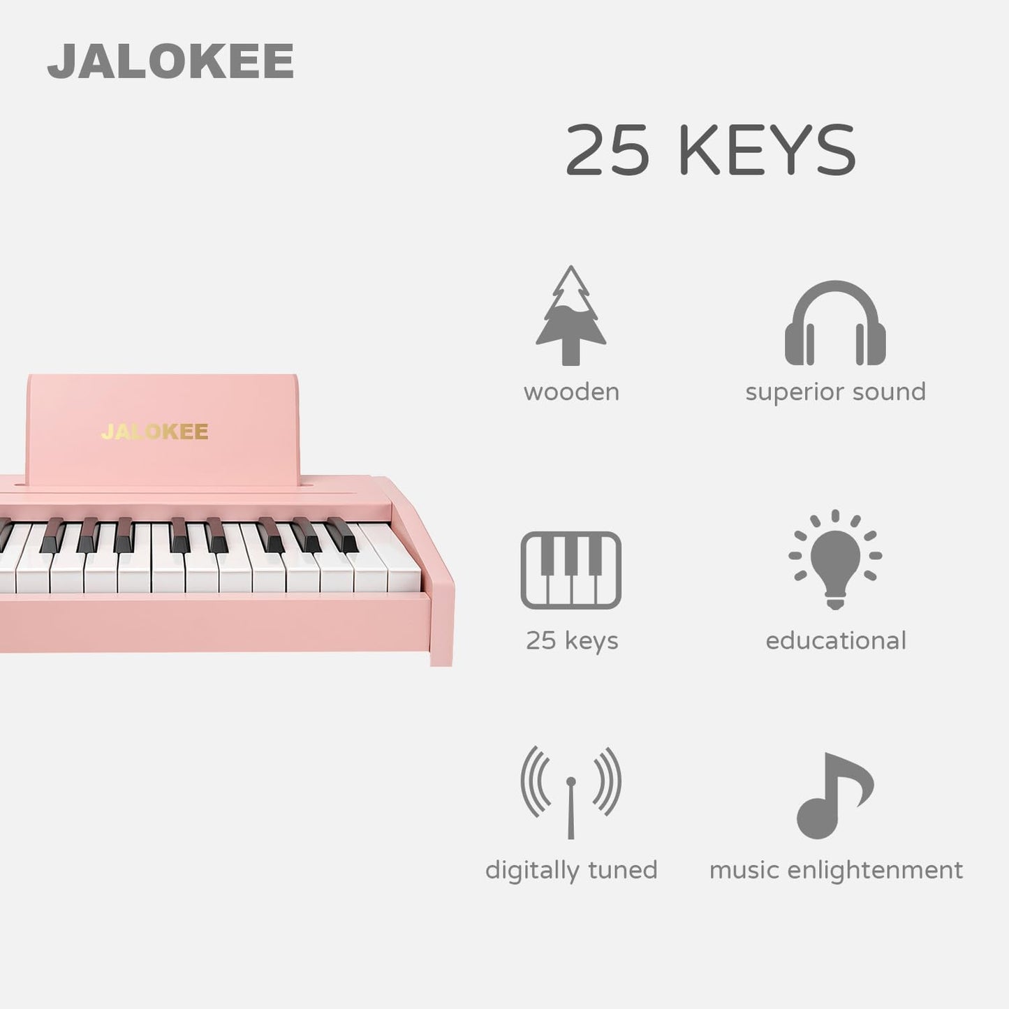 Kids Piano Keyboard, Digital Piano for Kids, Music Educational Instrument Toy, Wood Toy for 3+ Girls and Boys (Pink, 25 Keys)