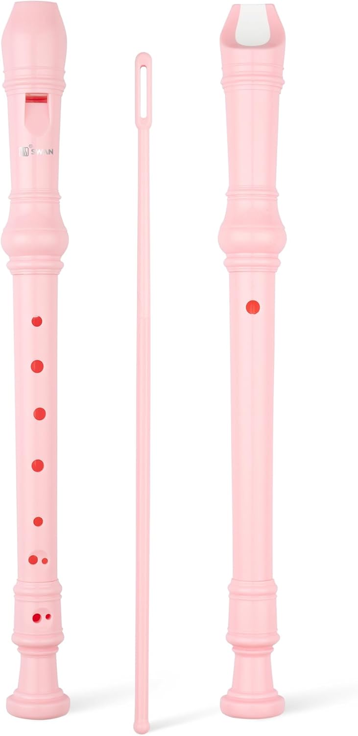 SWAN Soprano Recorder Instrument for Beginners Kids Student - German Fingering 8 Hole Flute Detachable 3pcs ABS Descant Recorders with Cleaning Rod and Fingering Chart, SW8K, Baby Pink