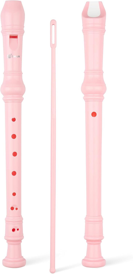 SWAN Soprano Recorder Instrument for Beginners Kids Student - German Fingering 8 Hole Flute Detachable 3pcs ABS Descant Recorders with Cleaning Rod and Fingering Chart, SW8K, Baby Pink