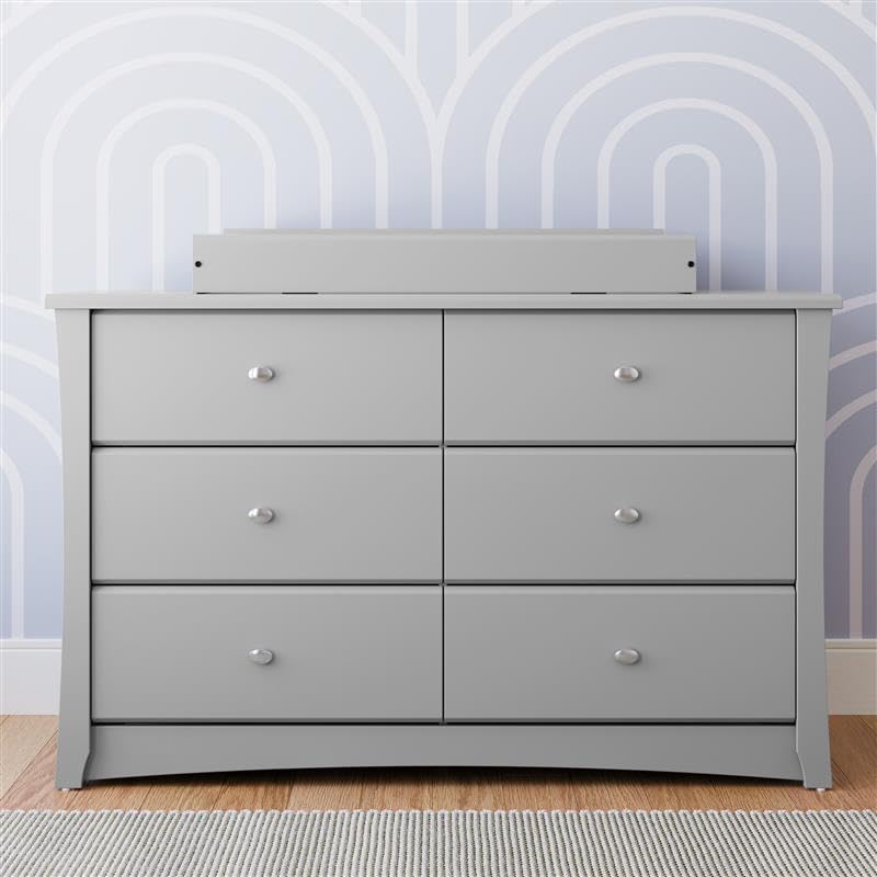 Storkcraft Crescent 6 Drawer Double Dresser (Pebble Gray) – GREENGUARD Gold Certified, Nursery Dresser for Kids Bedroom