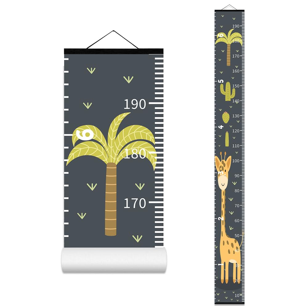 Baby Height Growth Chart - Canvas Height Chart for Kids Baby Child Toddler Boys Girls Growth Chart for Wall Room Nursery Decor Hangable and Removable Measuring Wall Ruler (Cactus Giraffe, Black Wood)