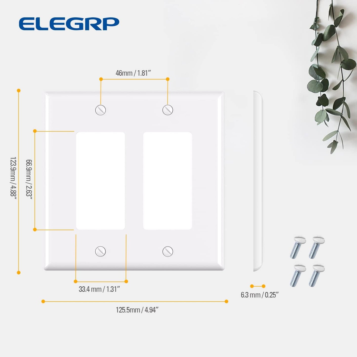 ELEGRP 2-Gang Decorative Wall Plates, Mid-Size 4.88" H x 4.94" L Unbreakable Thermoplastic Faceplate Cover for Decorator Receptacle Outlet Switch, UL Listed (10 Pack, Glossy White)