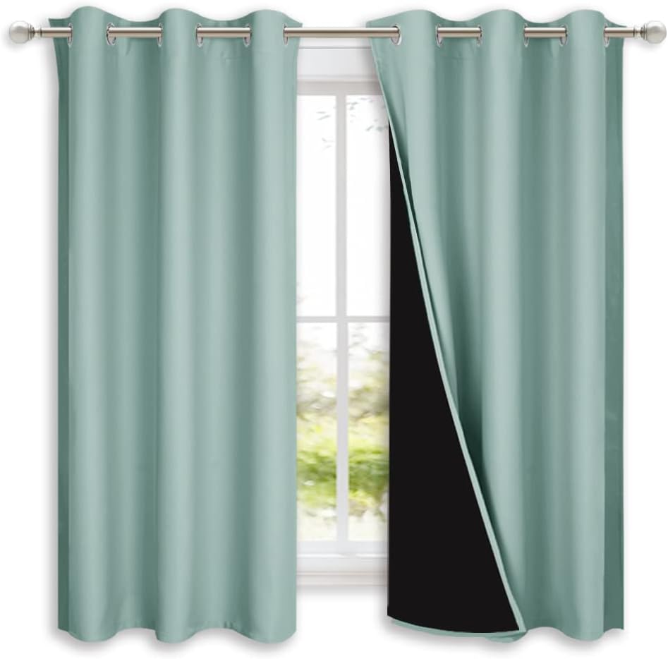 NICETOWN Aqua Blue 100% Blackout Lined Curtains, 2 Thick Layers Completely Blackout Window Treatment Panels Thermal Insulated Drapes for Kitchen (1 Pair, 42" Width x 63" Length Each Panel)