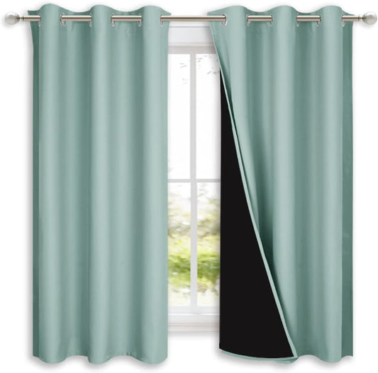 NICETOWN Aqua Blue 100% Blackout Lined Curtains, 2 Thick Layers Completely Blackout Window Treatment Panels Thermal Insulated Drapes for Kitchen (1 Pair, 42" Width x 63" Length Each Panel)