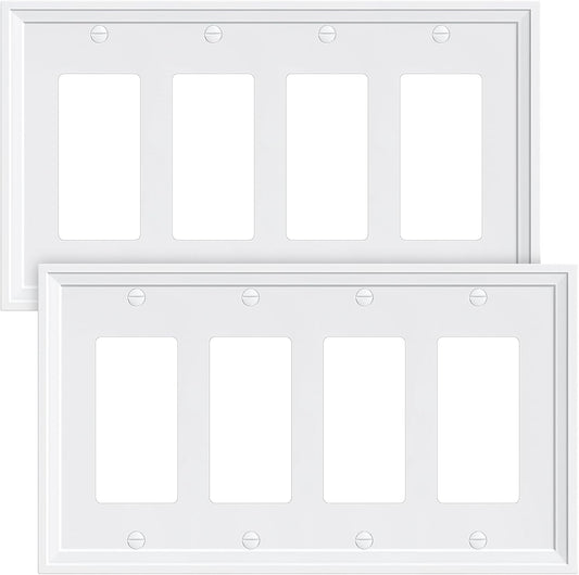 2-Pack Quad Decorator Outlet Cover Plate, White Decorative Switch Plates and Outlet Covers, Natural Bamboo Fiber Wall Plates for Electrical Outlets, Receptacle, GFCI Outlet, Dimmer Switch