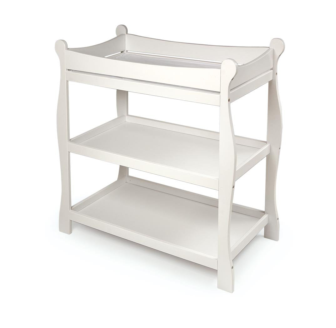 Badger Basket Sleigh Style Baby Changing Table - Nursery Diaper Station with Safety Rails, Foam Pad, and Two Storage Shelves - Nursery Organizer - White
