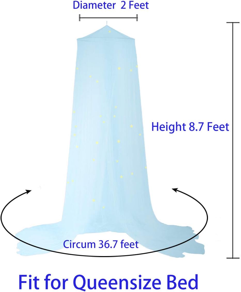 BCBYou Bed Canopy Mosquito Net with Fluorescent Stars Glow in Dark for Baby, Kids, and Adults, for Cover The Baby Crib, Kid Bed, Girls Bed Or Full Size Bed (Light Blue)