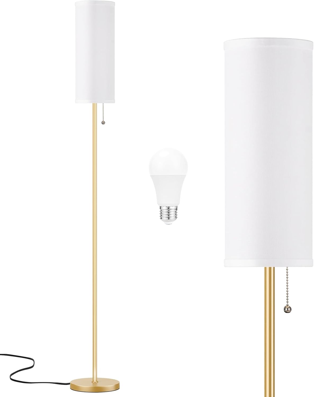 Ambimall Floor Lamp with 3 Color Temperatures Bulb, 64" Standing lamp with Linen lampshade for Bedroom, Minimalist Pole Lamp, White Shade & Gold Pole